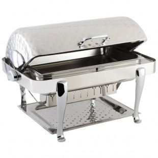 Bon Chef 19040CHH Elite Rectangle 8 Qt. Dripless Stainless Steel with Hammered Finish and Chrome Accents Roll Top Chafer with Roman Legs Bon Chef 19040CHH Elite Rectangle 8 Qt. Dripless Stainless Steel with Hammered Finish and Chrome Accents Roll Top Chafer with Roman Legs