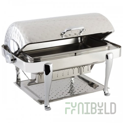 Bon Chef 19040CHH Elite Rectangle 8 Qt. Dripless Stainless Steel with Hammered Finish and Chrome Accents Roll Top Chafer with Roman Legs