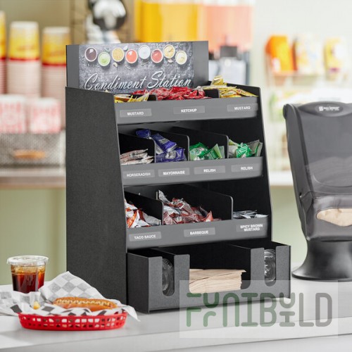 ServSense Black 15-Section Countertop Condiment Organizer with Drawer and Header Decals - 16