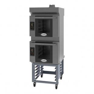 Cadco Bakerlux Station BLS-4HTD-2H Double Stacked 4-Shelf Half Size Heavy-Duty Digital Countertop Convection Ovens with Touch Control Panels, Ventless Hood, and Stand - 208-240V Cadco Bakerlux Station BLS-4HTD-2H Double Stacked 4-Shelf Half Size Heavy-Duty Digital Countertop Convection Ovens with Touch Control Panels, Ventless Hood, and Stand - 208-240V