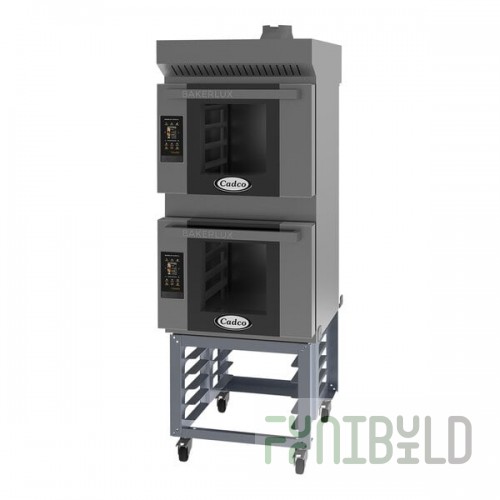 Cadco Bakerlux Station BLS-4HTD-2H Double Stacked 4-Shelf Half Size Heavy-Duty Digital Countertop Convection Ovens with Touch Control Panels, Ventless Hood, and Stand - 208-240V