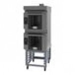 Cadco Bakerlux Station BLS-4HTD-2H Double Stacked 4-Shelf Half Size Heavy-Duty Digital Countertop Convection Ovens with Touch Control Panels, Ventless Hood, and Stand - 208-240V