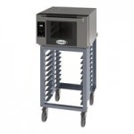 Cadco Bakerlux Station BLS-4HTD-2H Double Stacked 4-Shelf Half Size Heavy-Duty Digital Countertop Convection Ovens with Touch Control Panels, Ventless Hood, and Stand - 208-240V