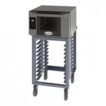 Cadco Bakerlux Station BLS-4HTD-2H Double Stacked 4-Shelf Half Size Heavy-Duty Digital Countertop Convection Ovens with Touch Control Panels, Ventless Hood, and Stand - 208-240V