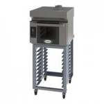 Cadco Bakerlux Station BLS-4HTD-2H Double Stacked 4-Shelf Half Size Heavy-Duty Digital Countertop Convection Ovens with Touch Control Panels, Ventless Hood, and Stand - 208-240V