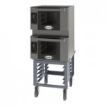 Cadco Bakerlux Station BLS-4HTD-2H Double Stacked 4-Shelf Half Size Heavy-Duty Digital Countertop Convection Ovens with Touch Control Panels, Ventless Hood, and Stand - 208-240V