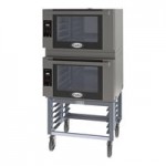 Cadco Bakerlux Station BLS-4HTD-2H Double Stacked 4-Shelf Half Size Heavy-Duty Digital Countertop Convection Ovens with Touch Control Panels, Ventless Hood, and Stand - 208-240V