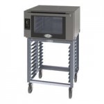 Cadco Bakerlux Station BLS-4HTD-2H Double Stacked 4-Shelf Half Size Heavy-Duty Digital Countertop Convection Ovens with Touch Control Panels, Ventless Hood, and Stand - 208-240V