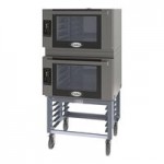 Cadco Bakerlux Station BLS-4HTD-2H Double Stacked 4-Shelf Half Size Heavy-Duty Digital Countertop Convection Ovens with Touch Control Panels, Ventless Hood, and Stand - 208-240V