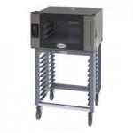 Cadco Bakerlux Station BLS-4HTD-2H Double Stacked 4-Shelf Half Size Heavy-Duty Digital Countertop Convection Ovens with Touch Control Panels, Ventless Hood, and Stand - 208-240V