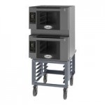 Cadco Bakerlux Station BLS-4HTD-2H Double Stacked 4-Shelf Half Size Heavy-Duty Digital Countertop Convection Ovens with Touch Control Panels, Ventless Hood, and Stand - 208-240V