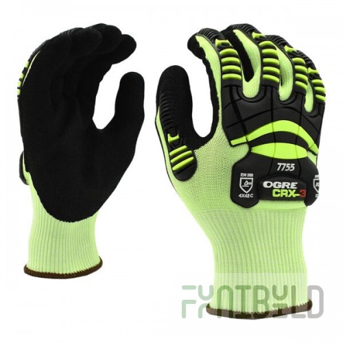 Cordova OGRE CRX-3 15 Gauge Hi-Vis Green CRX Fiber Touchscreen Food-Safe Gloves with Black Sandy Nitrile Palm Coating and TPR Protectors - Large
