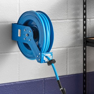 Regency Blue Powder-Coated Steel Open Air / Water Hose Reel with 50' x 3/4 Regency Blue Powder-Coated Steel Open Air / Water Hose Reel with 50' x 3/4