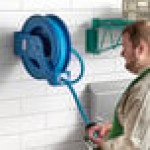 Regency Blue Powder-Coated Steel Open Air / Water Hose Reel with 50' x 3/4 Regency Blue Powder-Coated Steel Open Air / Water Hose Reel with 50' x 3/4