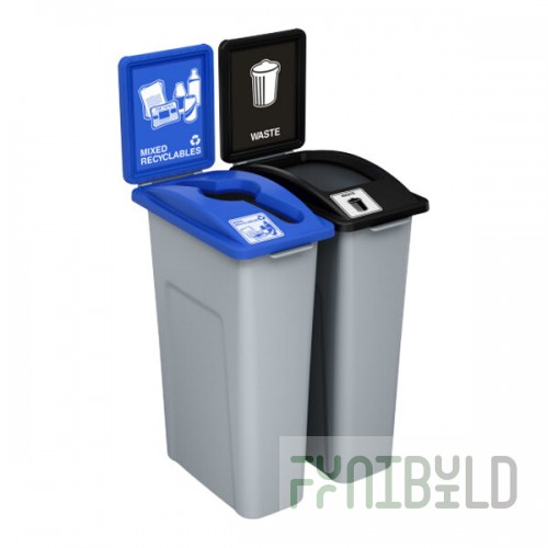 Busch Systems Waste Watcher 202776 46 Gallon Gray HDPE Decorative Two Stream Mixed Recyclables / Waste Receptacle with Color-Coded Lids