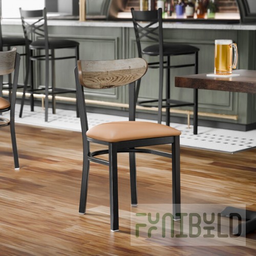 Lancaster Table & Seating Boomerang Black Finish Chair with Light Brown Vinyl Seat and Driftwood Back - Unassembled
