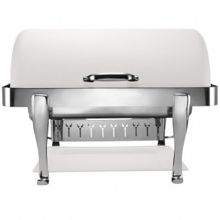 Bon Chef 19040CH-BIANCO Elite Rectangle 8 Qt. Dripless Bianco Finish with Chrome Accents Roll Top Chafer with Roman Legs Bon Chef 19040CH-BIANCO Elite Rectangle 8 Qt. Dripless Bianco Finish with Chrome Accents Roll Top Chafer with Roman Legs