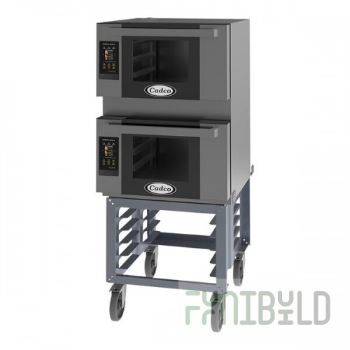 Cadco Bakerlux Station BLS-4HTD-2 Double Stacked 4-Shelf Half Size Heavy-Duty Digital Countertop Convection Ovens with Touch Control Panels and Stand - 208-240V