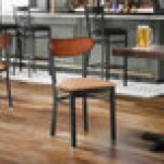 Lancaster Table & Seating Boomerang Black Finish Chair with Light Brown Vinyl Seat and Antique Walnut Wood Back - Unassembled