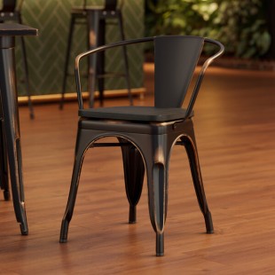 Lancaster Table & Seating Alloy Distressed Copper Indoor Arm Chair with Black Wood Seat Lancaster Table & Seating Alloy Distressed Copper Indoor Arm Chair with Black Wood Seat