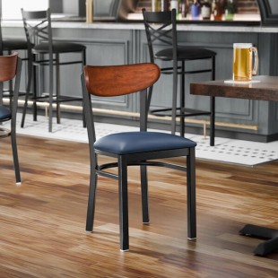 Lancaster Table & Seating Boomerang Black Finish Chair with Navy Vinyl Seat and Antique Walnut Wood Back Lancaster Table & Seating Boomerang Black Finish Chair with Navy Vinyl Seat and Antique Walnut Wood Back