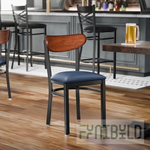 Lancaster Table & Seating Boomerang Black Finish Chair with Navy Vinyl Seat and Antique Walnut Wood Back