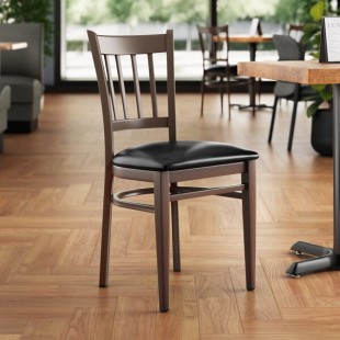 Lancaster Table & Seating Spartan Metal Slat Back Chair with Dark Walnut Wood Grain Finish and Black Vinyl Seat - Assembled Lancaster Table & Seating Spartan Metal Slat Back Chair with Dark Walnut Wood Grain Finish and Black Vinyl Seat - Assembled
