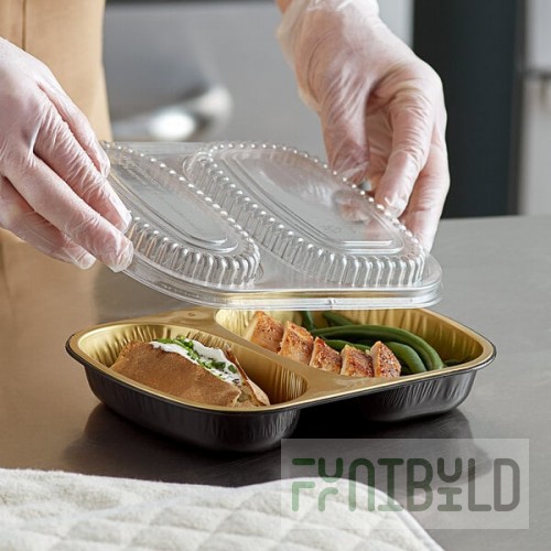 Choice Heavy Duty Smoothwall 2-Compartment Black and Gold Oblong Foil Take Out Pan with Dome Lid 29 oz. - 100/Case