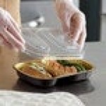 Choice Heavy Duty Smoothwall 2-Compartment Black and Gold Oblong Foil Take Out Pan with Dome Lid 29 oz. - 100/Case