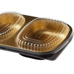 Choice Heavy Duty Smoothwall 2-Compartment Black and Gold Oblong Foil Take Out Pan with Dome Lid 29 oz. - 100/Case