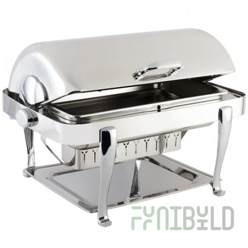 Bon Chef 19040CH Elite Rectangle 8 Qt. Dripless Stainless Steel with Chrome Accents Roll Top Chafer with Roman Legs