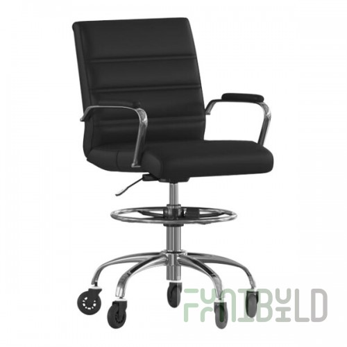 Flash Furniture Lexi Black LeatherSoft Mid-Back Swivel Drafting Chair with Chrome Base, Adjustable Foot Ring, and Roller Wheels