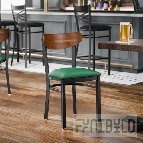 Lancaster Table & Seating Boomerang Black Finish Chair with Green Vinyl Seat and Vintage Wood Back - Unassembled