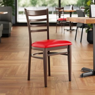 Lancaster Table & Seating Spartan Metal Ladder Back Chair with Dark Walnut Wood Grain Finish and Red Vinyl Seat - Detached Seat Lancaster Table & Seating Spartan Metal Ladder Back Chair with Dark Walnut Wood Grain Finish and Red Vinyl Seat - Detached Seat