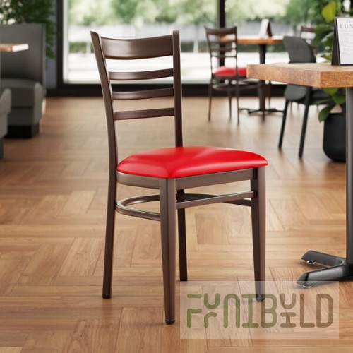 Lancaster Table & Seating Spartan Metal Ladder Back Chair with Dark Walnut Wood Grain Finish and Red Vinyl Seat - Detached Seat