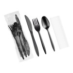 Choice Medium Weight Black Wrapped Polypropylene Plastic Cutlery Set with Napkin - 250/Case Choice Medium Weight Black Wrapped Polypropylene Plastic Cutlery Set with Napkin - 250/Case