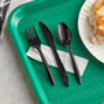 Choice Medium Weight Black Wrapped Polypropylene Plastic Cutlery Set with Napkin - 250/Case Choice Medium Weight Black Wrapped Polypropylene Plastic Cutlery Set with Napkin - 250/Case