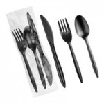 Choice Medium Weight Black Wrapped Polypropylene Plastic Cutlery Set with Napkin - 250/Case Choice Medium Weight Black Wrapped Polypropylene Plastic Cutlery Set with Napkin - 250/Case