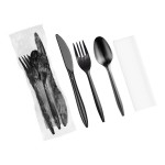 Choice Medium Weight Black Wrapped Polypropylene Plastic Cutlery Set with Napkin - 250/Case Choice Medium Weight Black Wrapped Polypropylene Plastic Cutlery Set with Napkin - 250/Case