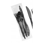 Choice Medium Weight Black Wrapped Polypropylene Plastic Cutlery Set with Napkin - 250/Case Choice Medium Weight Black Wrapped Polypropylene Plastic Cutlery Set with Napkin - 250/Case