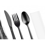 Choice Medium Weight Black Wrapped Polypropylene Plastic Cutlery Set with Napkin - 250/Case Choice Medium Weight Black Wrapped Polypropylene Plastic Cutlery Set with Napkin - 250/Case
