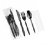 Choice Medium Weight Black Wrapped Polypropylene Plastic Cutlery Set with Napkin - 250/Case Choice Medium Weight Black Wrapped Polypropylene Plastic Cutlery Set with Napkin - 250/Case