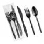 Choice Medium Weight Black Wrapped Polypropylene Plastic Cutlery Set with Napkin - 250/Case Choice Medium Weight Black Wrapped Polypropylene Plastic Cutlery Set with Napkin - 250/Case