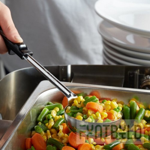 Vollrath 61170 4 oz. Black Perforated Round Stainless Steel Spoodle® Portion Spoon with Grip 'N Serve® Handle