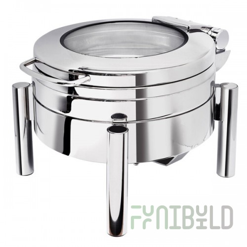 Eastern Tabletop 3979GS Jazz Swing 4 Qt. Stainless Steel Round Chafer with Pillar'd Stand and Hinged Glass Dome Cover