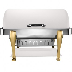 Bon Chef 19040-BIANCO Elite Rectangle 8 Qt. Dripless Bianco Finish with Brass Accents Roll Top Chafer with Roman Legs Bon Chef 19040-BIANCO Elite Rectangle 8 Qt. Dripless Bianco Finish with Brass Accents Roll Top Chafer with Roman Legs