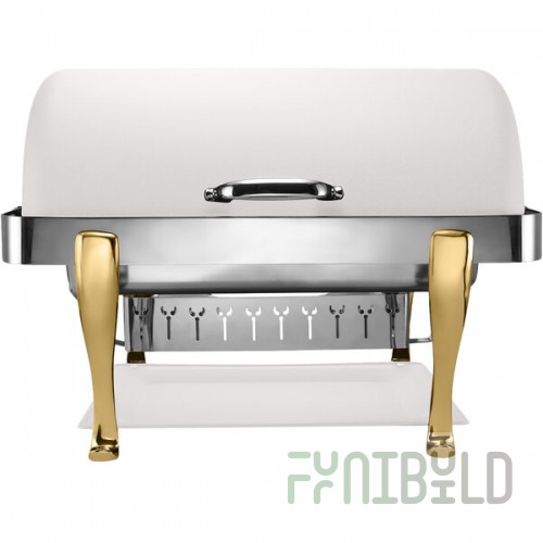 Bon Chef 19040-BIANCO Elite Rectangle 8 Qt. Dripless Bianco Finish with Brass Accents Roll Top Chafer with Roman Legs