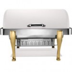 Bon Chef 19040-BIANCO Elite Rectangle 8 Qt. Dripless Bianco Finish with Brass Accents Roll Top Chafer with Roman Legs