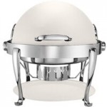 Bon Chef 19040-BIANCO Elite Rectangle 8 Qt. Dripless Bianco Finish with Brass Accents Roll Top Chafer with Roman Legs