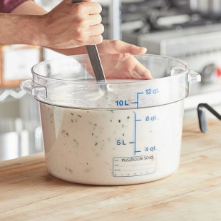 Vigor 12 Qt. Clear Round Polycarbonate Food Storage Container with Blue Gradations Vigor 12 Qt. Clear Round Polycarbonate Food Storage Container with Blue Gradations